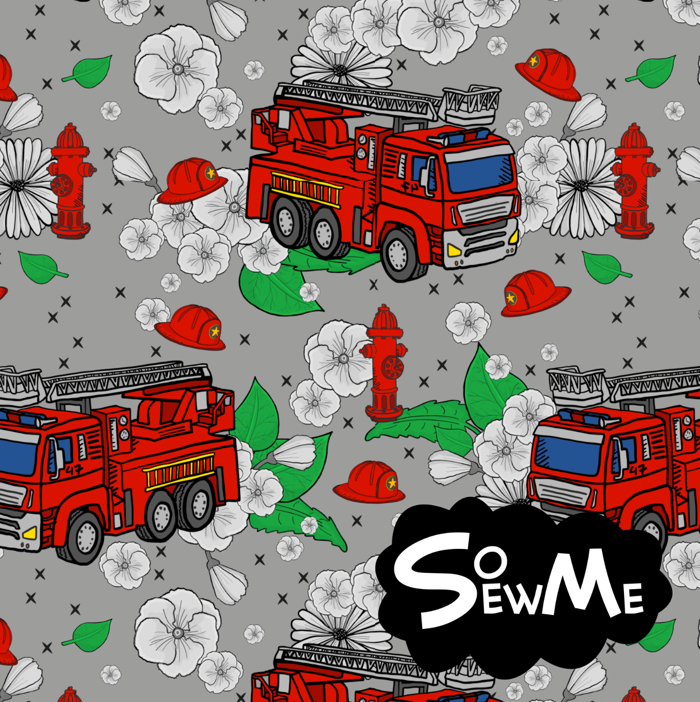 Blommiga Brandbilar Grå DROPSHIPPINGBESTSELLER