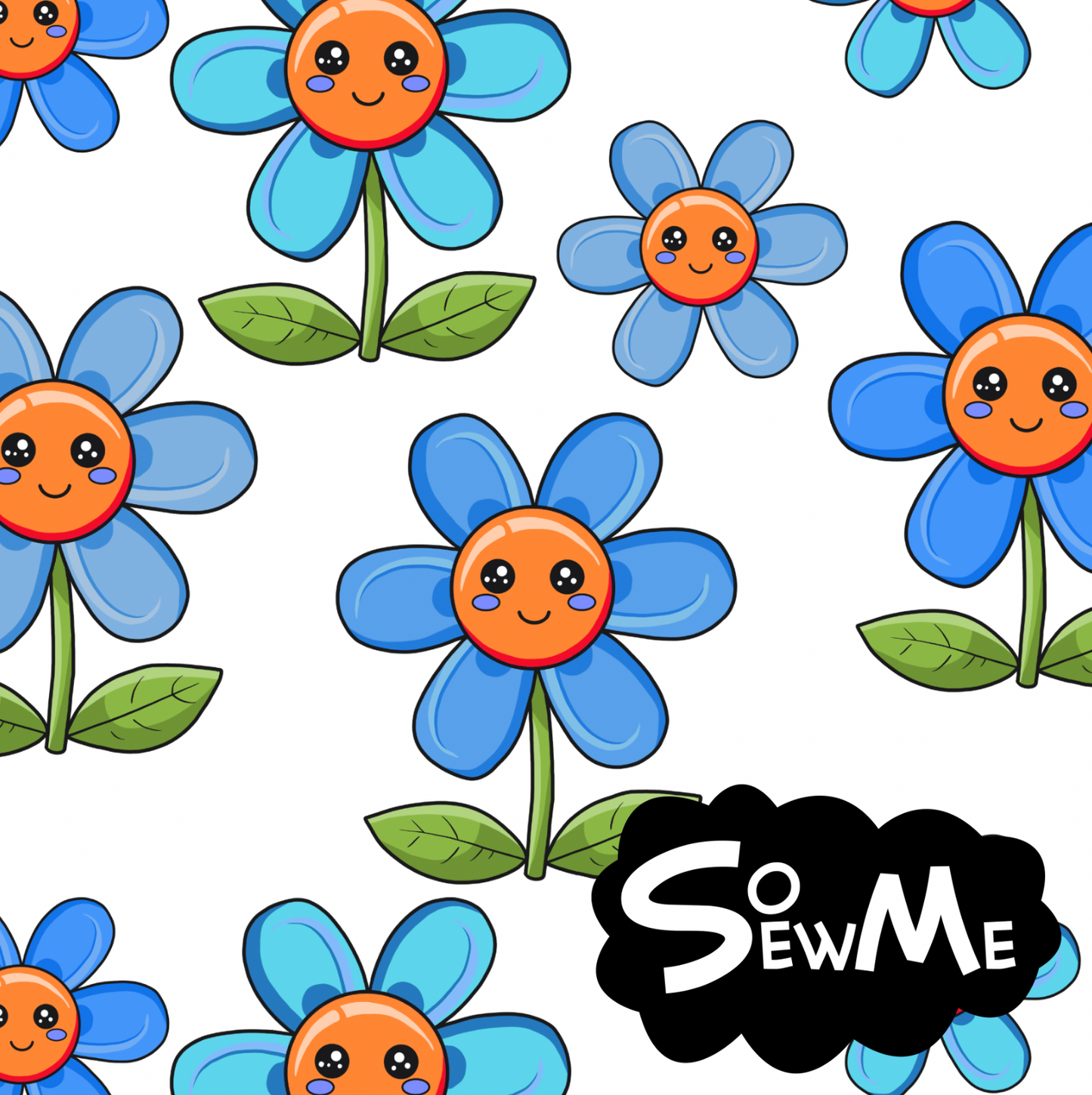 Kawaii Flowers Blue White TRYCKS PÅ BESTÄLLNING