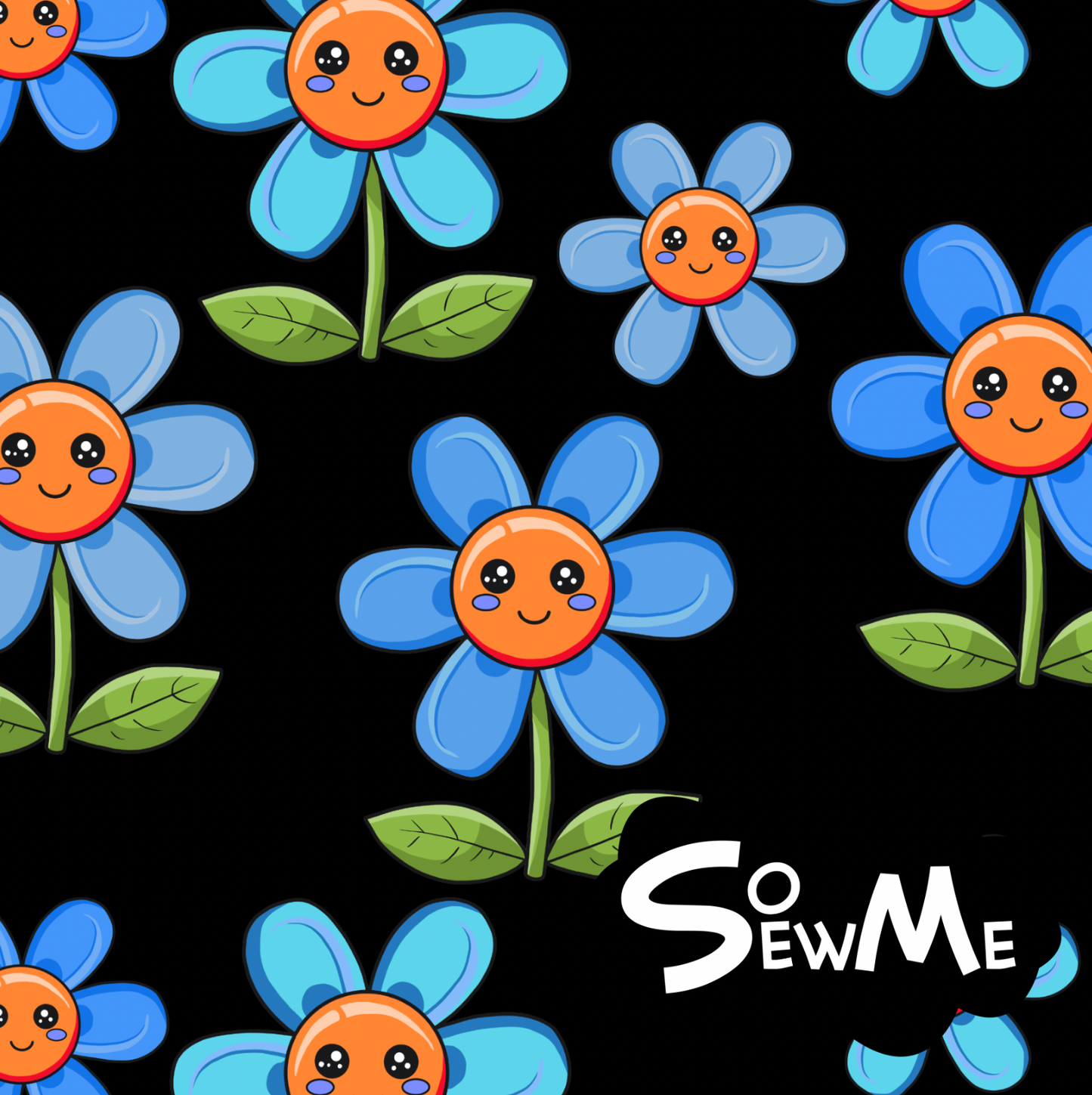 Kawaii Flowers Blue Black TRYCKS PÅ BESTÄLLNING