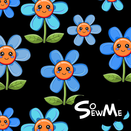 Kawaii Flowers Blue Black TRYCKS PÅ BESTÄLLNING