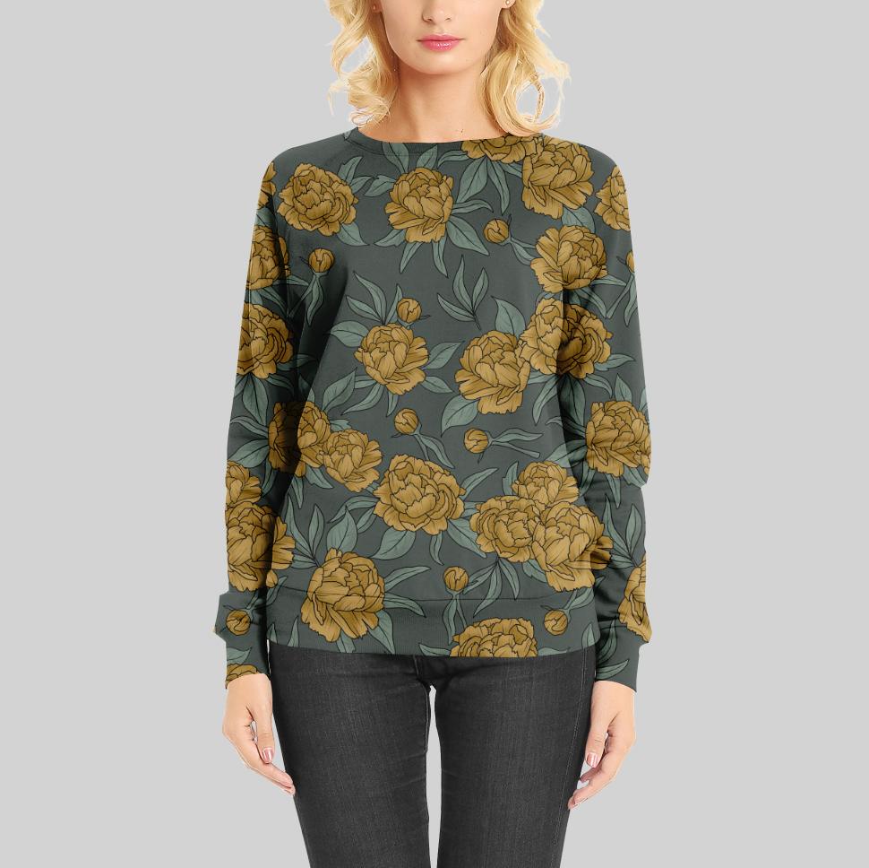 Peonies Dusty Forest Green GOTS-Jogging/French Terry