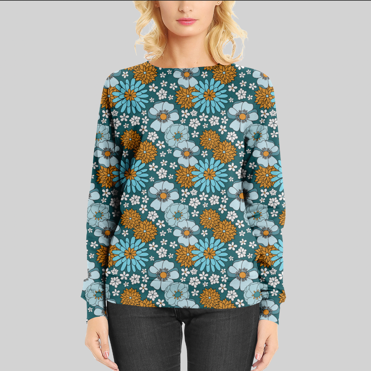 Thats 70s Flowers Teal Single Brushed Lycra