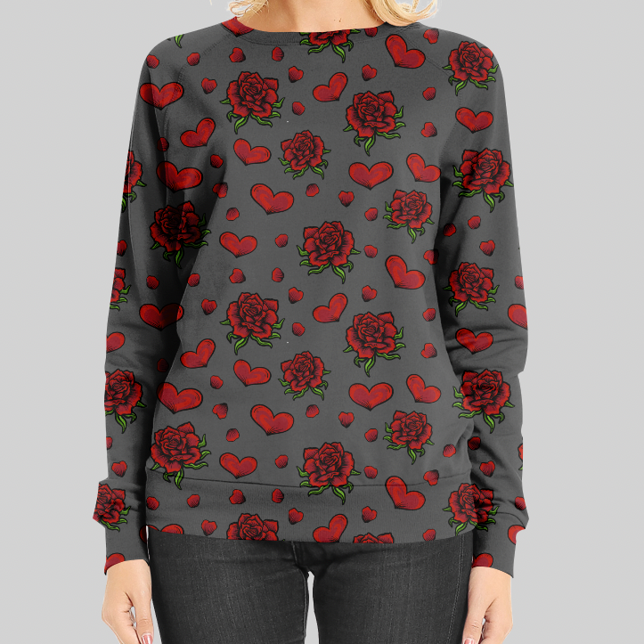 Ribbad GOTS-Trikå Hearts & Roses Anthracite FÖRHANDBOKNING