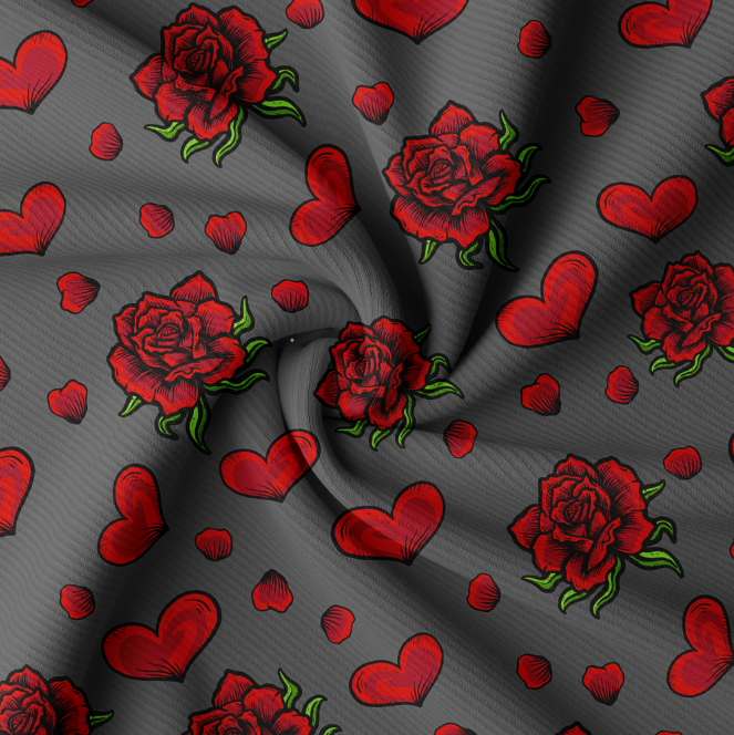 Ribbad GOTS-Trikå Hearts & Roses Anthracite FÖRHANDBOKNING