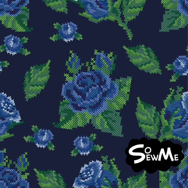 Cross Stitch Roses Trikå/Jersey Marine Blue-Blue
